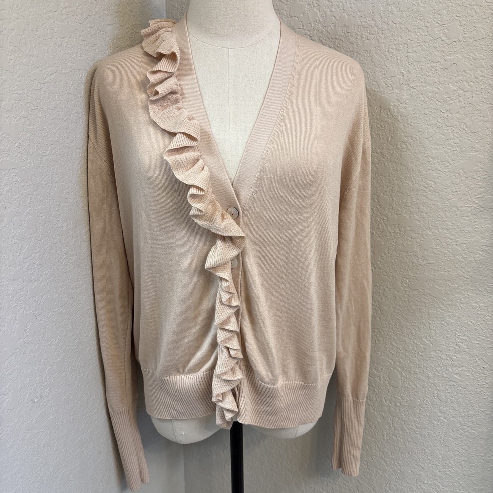 CINQ A SEPT Tous Les Jours Gaetana Silk & Cashmere Cardigan Ruffle Trim Pink S